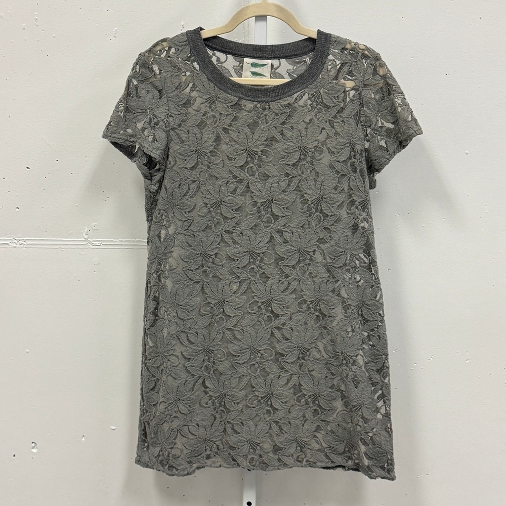 Anthropologie Grey Floral Lace‎ Short Sleeve Tunic Dress Top Medium Sheer Summer
